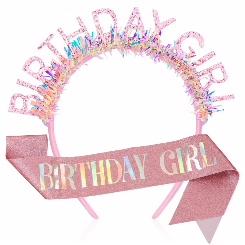TWPER Birthday Girl Sash Headband Set for Her Women Kids, Pink Glitter Happy Birthday Sash Party Crown Tiara, Princess Party Accessories Gifts - Image 1