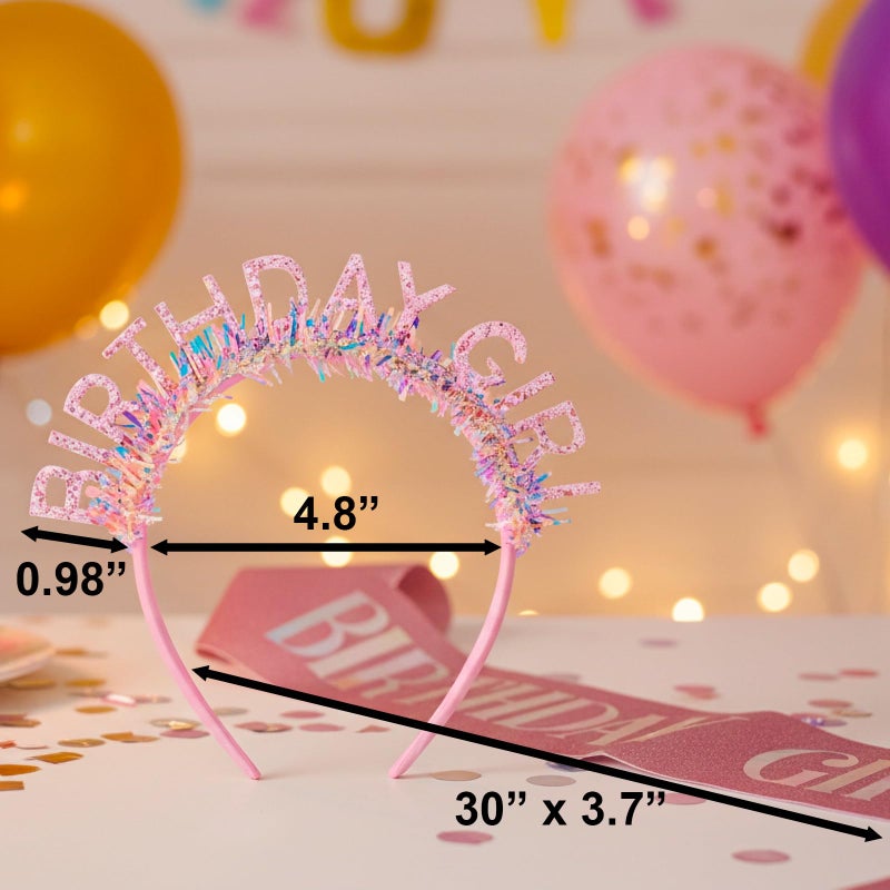 TWPER Birthday Girl Sash Headband Set for Her Women Kids, Pink Glitter Happy Birthday Sash Party Crown Tiara, Princess Party Accessories Gifts - Image 3