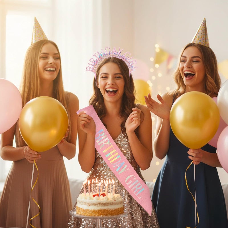 TWPER Birthday Girl Sash Headband Set for Her Women Kids, Pink Glitter Happy Birthday Sash Party Crown Tiara, Princess Party Accessories Gifts - Image 5