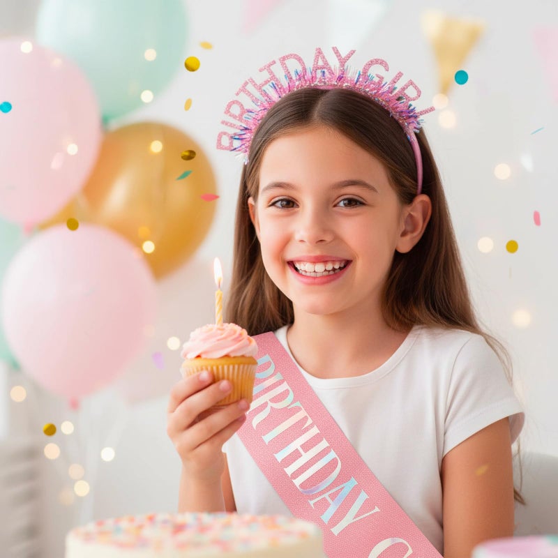 TWPER Birthday Girl Sash Headband Set for Her Women Kids, Pink Glitter Happy Birthday Sash Party Crown Tiara, Princess Party Accessories Gifts - Image 4