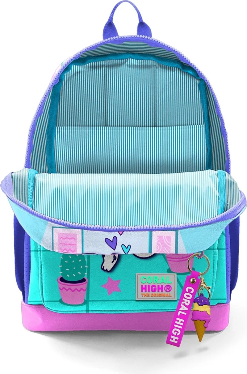 كورال هاي Kids Turquoise Pink Ice Cream Cat Patterned 3-Piece School Bag Set