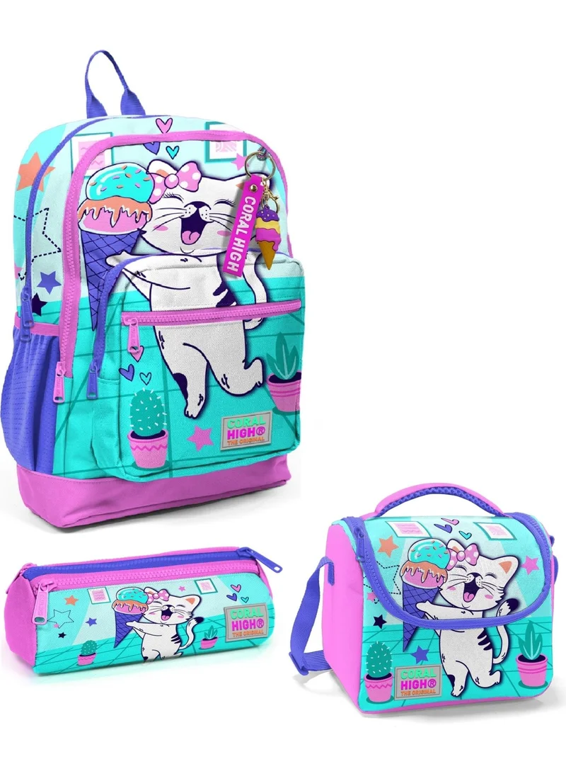 CORAL HIGH Kids Turquoise Pink Ice Cream Cat Patterned 3-Piece School Bag Set