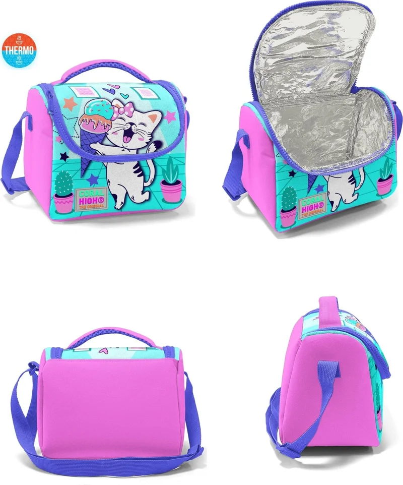 كورال هاي Kids Turquoise Pink Ice Cream Cat Patterned 3-Piece School Bag Set