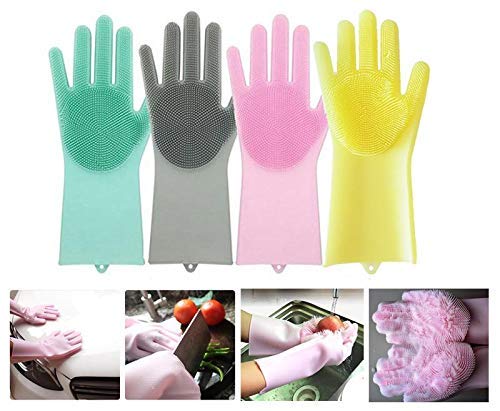 Atipriya Silicon Dishwashing Gloves with Wash Scrubber Cleaning Gloves Scrubbing Gloves for Dishes Heat Resistant and Reusable for Kitchen Bathroom Cleaning Pair of 1 Multicolor