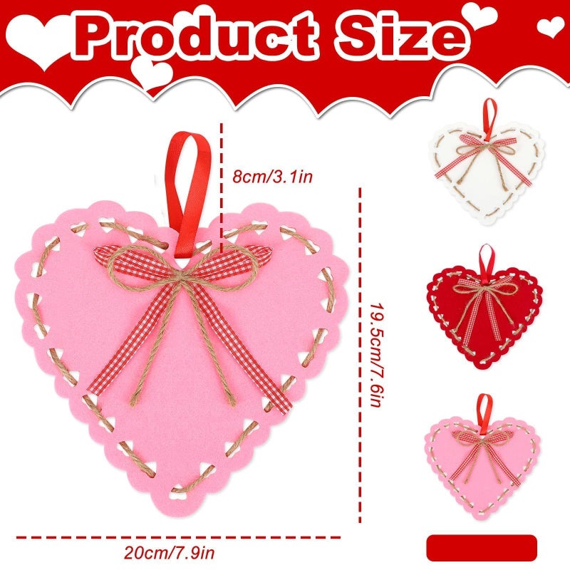 JULMELON Valentines Felt Heart Ornaments, 6 Pcs Large Felt Heart Hanging Decorations Red Pink White Valentine Heart Ornament for Wall Porch Window Wedding Party Decor (7.8Inch) - Image 2