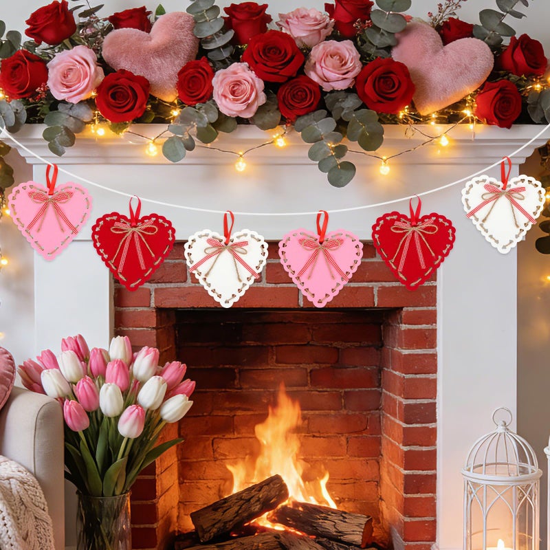 JULMELON Valentines Felt Heart Ornaments, 6 Pcs Large Felt Heart Hanging Decorations Red Pink White Valentine Heart Ornament for Wall Porch Window Wedding Party Decor (7.8Inch) - Image 1