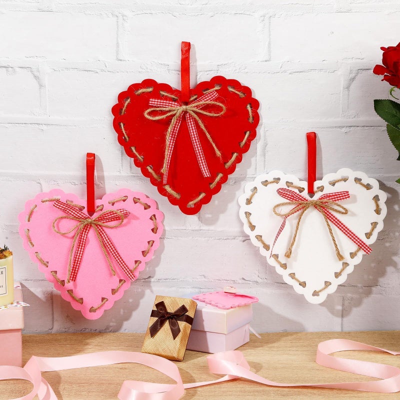 JULMELON Valentines Felt Heart Ornaments, 6 Pcs Large Felt Heart Hanging Decorations Red Pink White Valentine Heart Ornament for Wall Porch Window Wedding Party Decor (7.8Inch) - Image 3