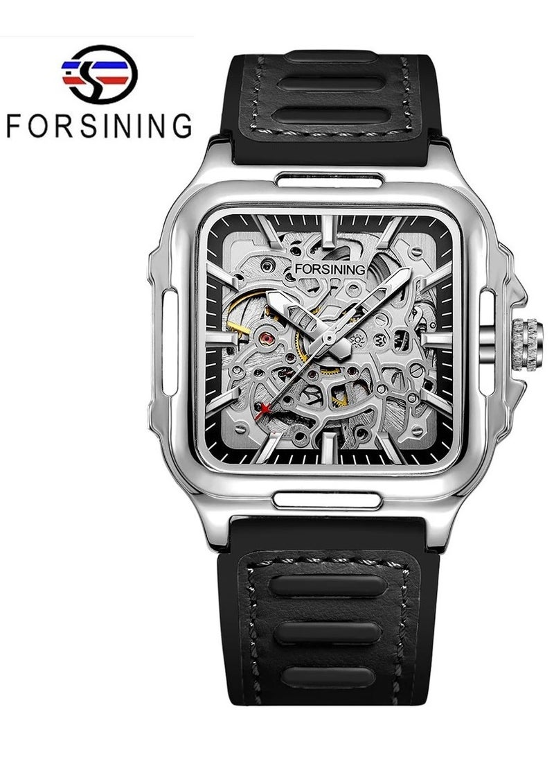 FORSINING Men's Waterproof Skeleton Stylish Watch Automatic Steampunk Self Winding Strap Luminous Square Wrist Watch - Image 1