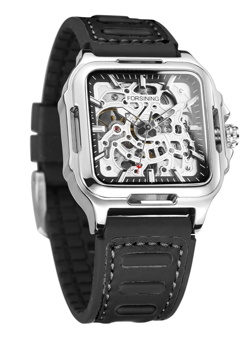 FORSINING Men's Waterproof Skeleton Stylish Watch Automatic Steampunk Self Winding Strap Luminous Square Wrist Watch - Image 2