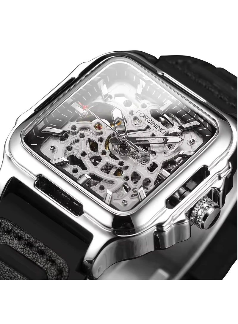 FORSINING Men's Waterproof Skeleton Stylish Watch Automatic Steampunk Self Winding Strap Luminous Square Wrist Watch - Image 3