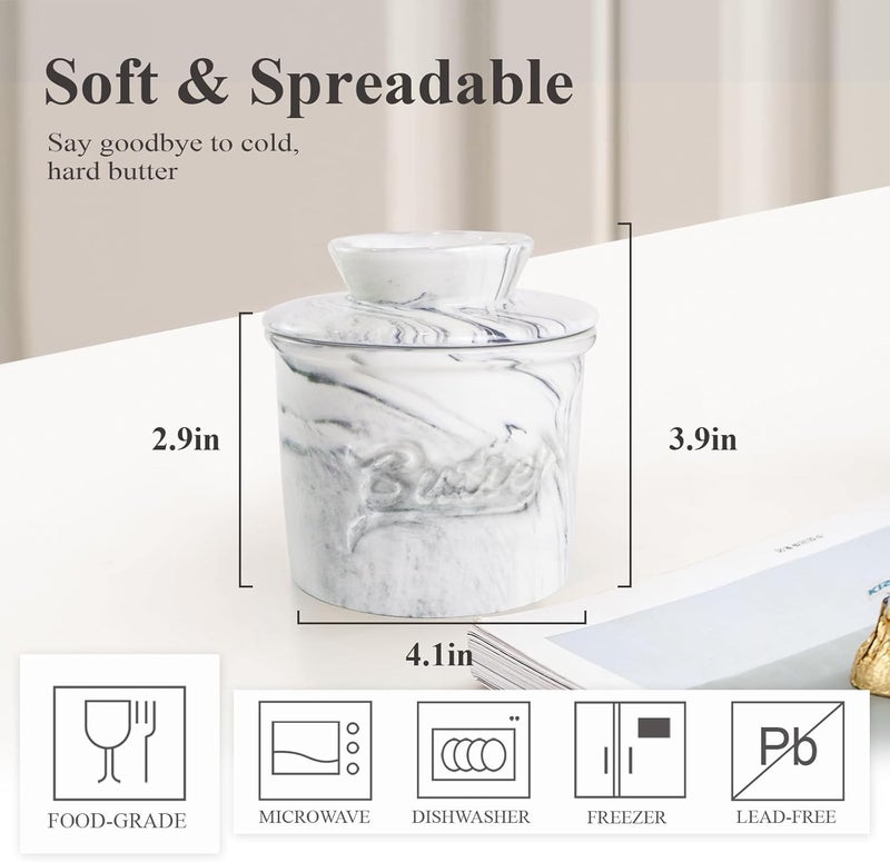 MSJGA Butter Crock for Counter with Water, French Butter Keeper for Spreadable Butter Marble Ceramic Butter Dish with Lid for Countertop, Butter Container Holder - Image 2