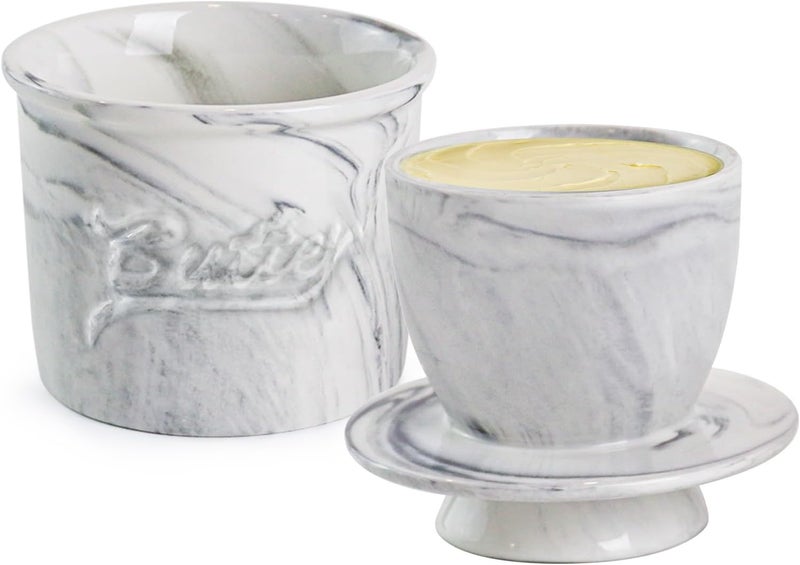 MSJGA Butter Crock for Counter with Water, French Butter Keeper for Spreadable Butter Marble Ceramic Butter Dish with Lid for Countertop, Butter Container Holder - Image 1