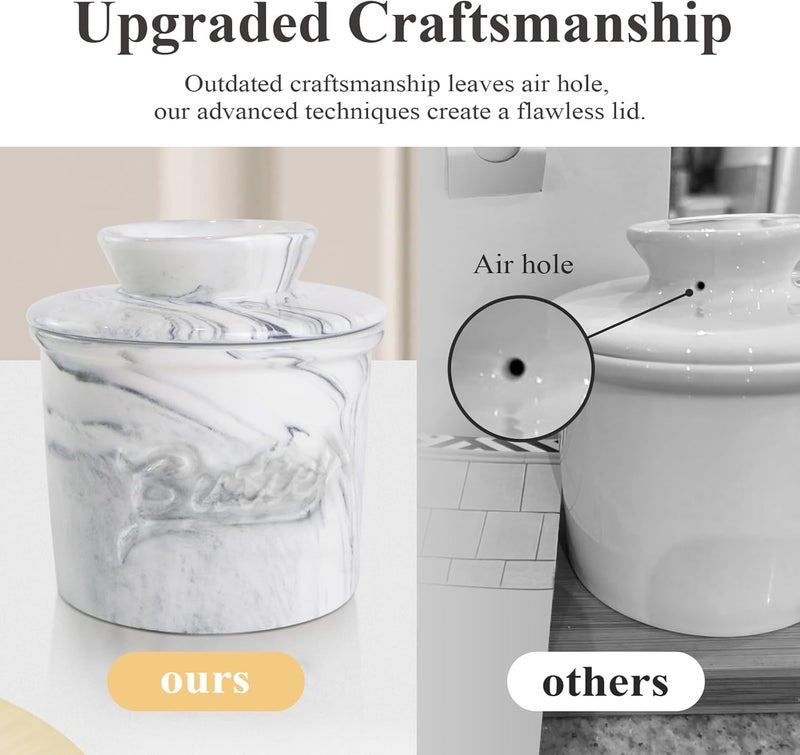 MSJGA Butter Crock for Counter with Water, French Butter Keeper for Spreadable Butter Marble Ceramic Butter Dish with Lid for Countertop, Butter Container Holder - Image 3