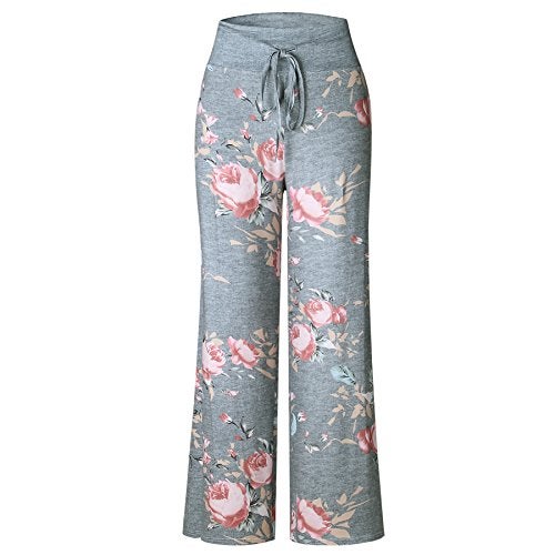 iChunhua Women's Comfy Stretch Floral Print Drawstring Palazzo Wide Leg Lounge Pants(L,Grey) - Image 3