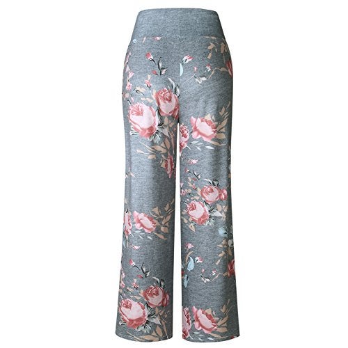 iChunhua Women's Comfy Stretch Floral Print Drawstring Palazzo Wide Leg Lounge Pants(L,Grey) - Image 4