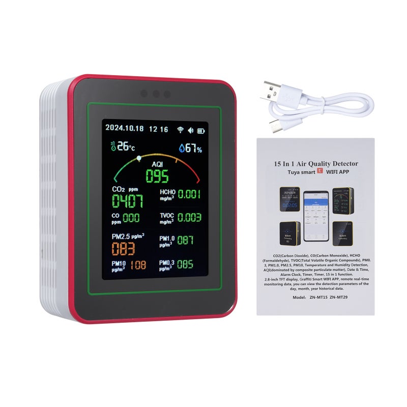 15-in-1 Air Quality Monitor Smart Air Quality Tester with CO/CO2/HCHO/TVOC/AQI/PM0.3/PM1.0/PM2.5/PM10/Temperature/Humidity/Time/Alarm Clock/Timer/Countdown Timer Mobile APP WiFi for Home & Office - Image 1