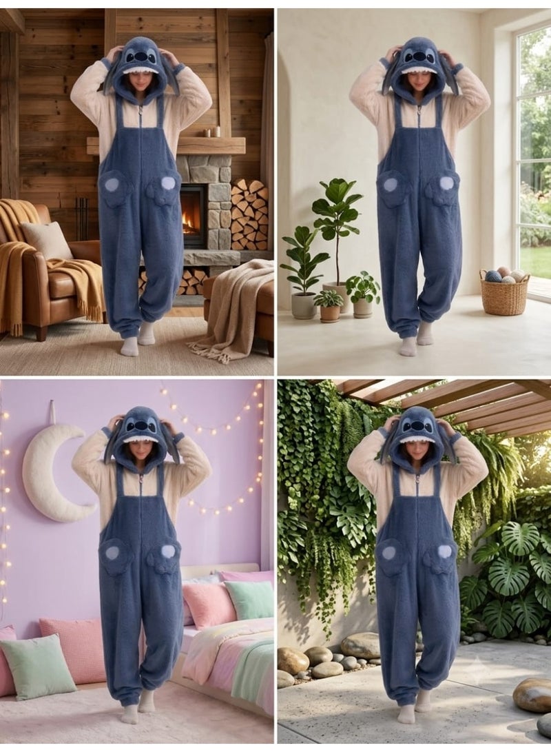 ​Women's Oversized Fleece Hooded Onesie Pajama With Cute Animal Ear Detail - Blue - Image 5