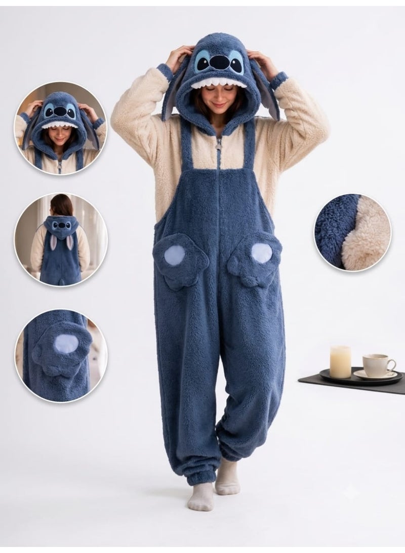 ​Women's Oversized Fleece Hooded Onesie Pajama With Cute Animal Ear Detail - Blue - Image 2