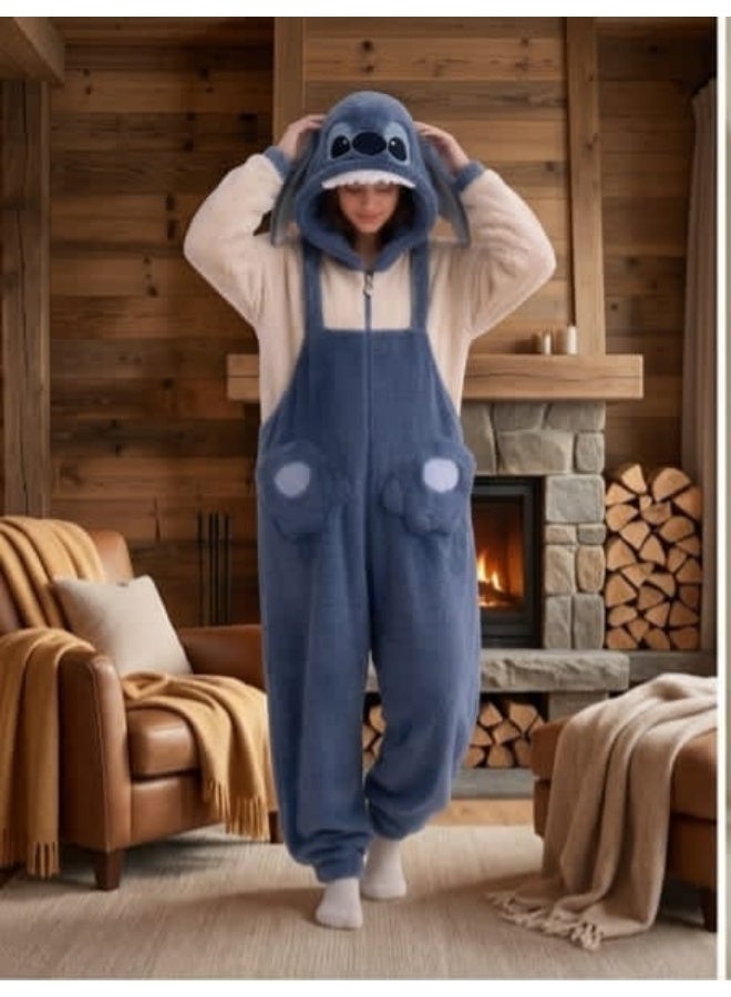 ​Women's Oversized Fleece Hooded Onesie Pajama With Cute Animal Ear Detail - Blue - Image 3