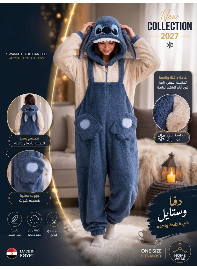 ​Women's Oversized Fleece Hooded Onesie Pajama With Cute Animal Ear Detail - Blue - Image 4