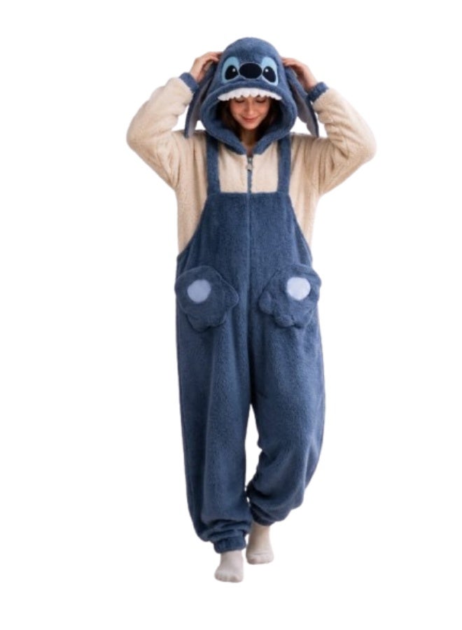 ​Women's Oversized Fleece Hooded Onesie Pajama With Cute Animal Ear Detail - Blue - Image 1