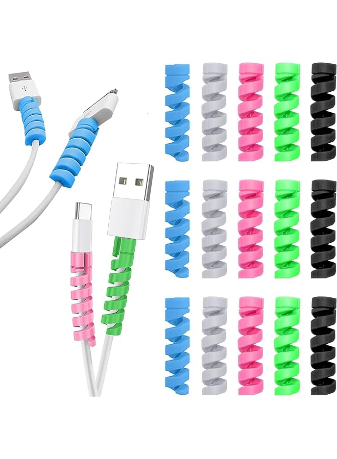 PROMASS Charger Cable Protector, 15Pack Spiral Data Cable Protective Sleeve, Silicone Flexible Cable Wire Protector, Cable Cord Saver for Headphone Laptop Cellphone Cable Accessories (Mixed Colors A) - Image 1