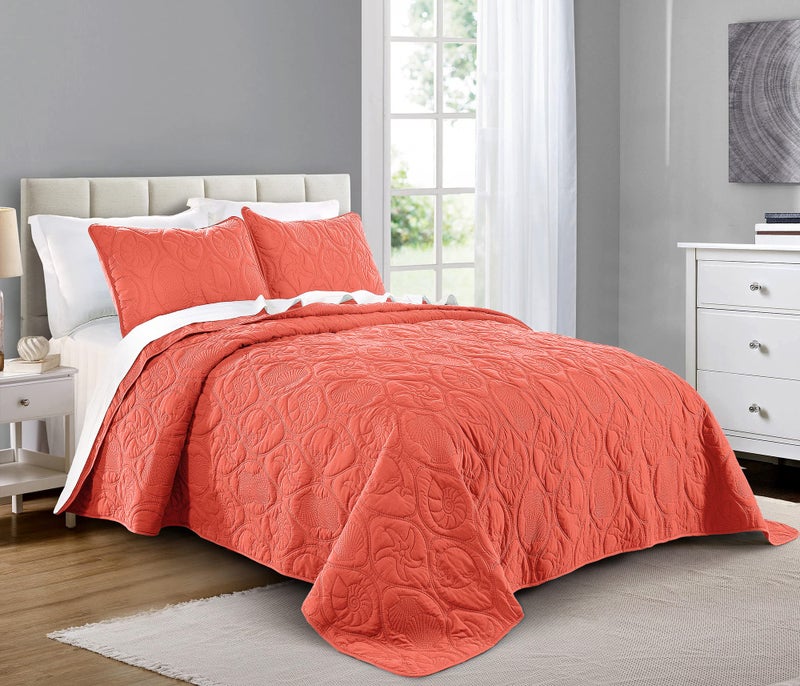 Pure Bedding Quilt Set King/Cal King/California King Size Coral - Oversized Bedspread - Microfiber Coverlet - Includes 1 Quilt and 2 Shams, Ocean Star Pattern - Image 1