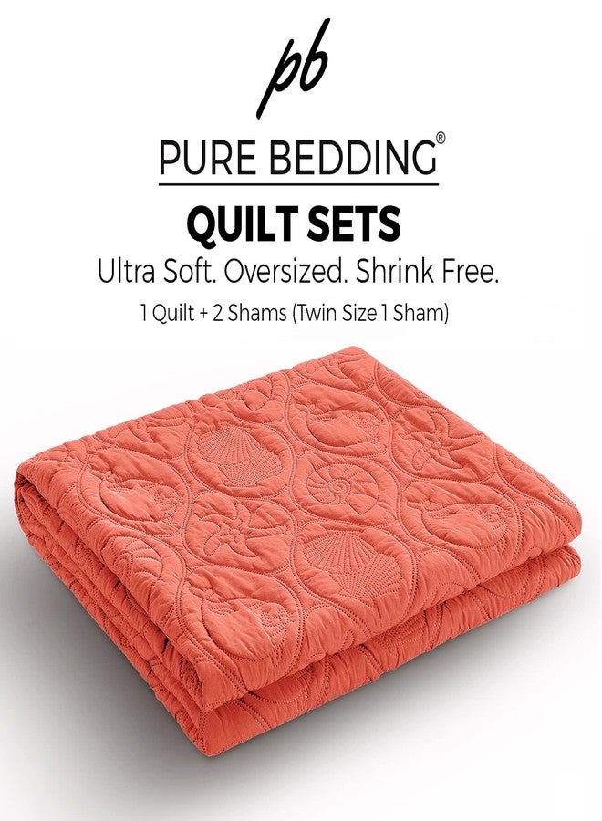 Pure Bedding Quilt Set King/Cal King/California King Size Coral - Oversized Bedspread - Microfiber Coverlet - Includes 1 Quilt and 2 Shams, Ocean Star Pattern - Image 2