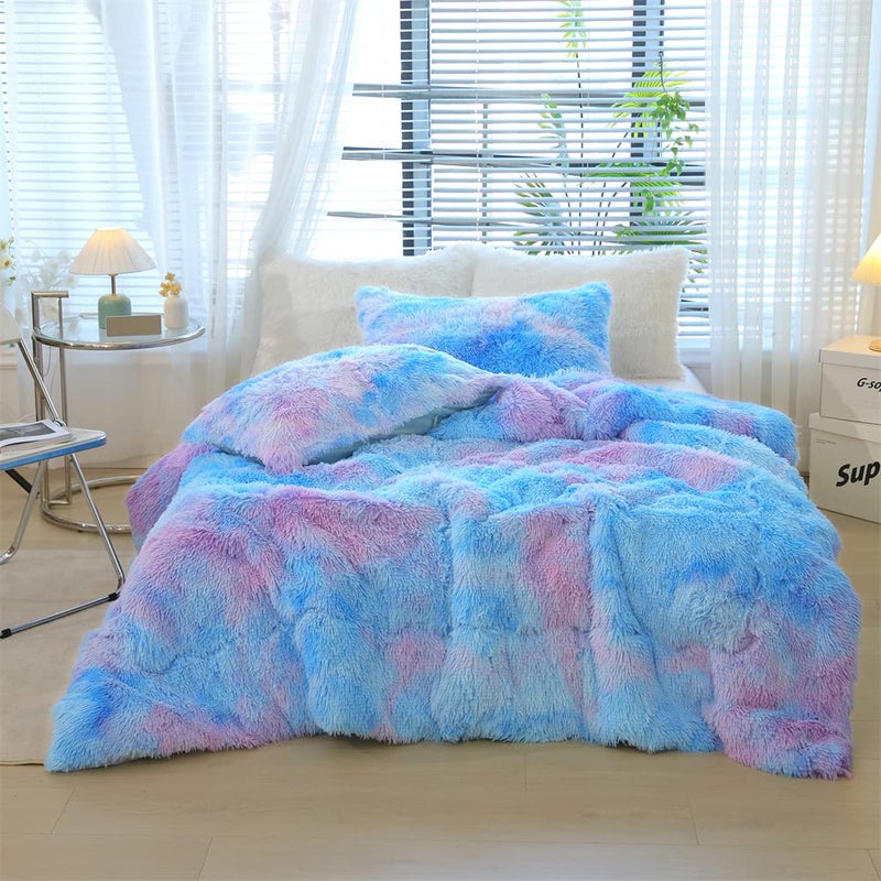 chovy Faux Fur Plush Tie-Dyed Blue Comforter Sets Twin/Full Size - Ultra Soft Shaggy Flannel Velvet Fluffy Fuzzy 3PC Bedding Set (Comforter x 1 Pillowcases x 2) - Image 1