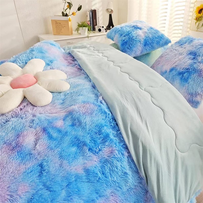 chovy Faux Fur Plush Tie-Dyed Blue Comforter Sets Twin/Full Size - Ultra Soft Shaggy Flannel Velvet Fluffy Fuzzy 3PC Bedding Set (Comforter x 1 Pillowcases x 2) - Image 3