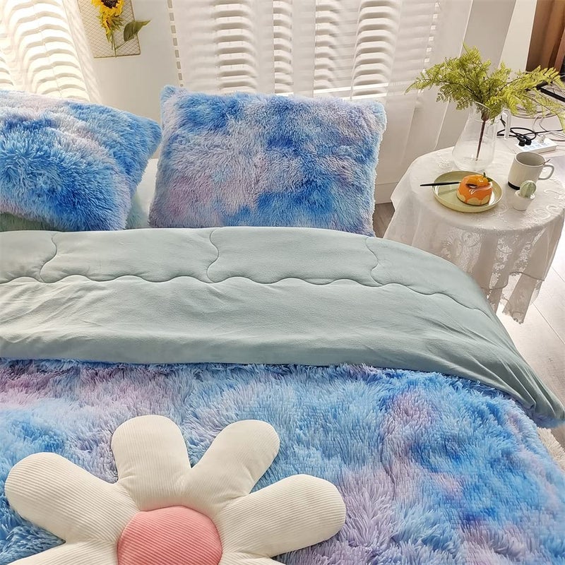 chovy Faux Fur Plush Tie-Dyed Blue Comforter Sets Twin/Full Size - Ultra Soft Shaggy Flannel Velvet Fluffy Fuzzy 3PC Bedding Set (Comforter x 1 Pillowcases x 2) - Image 2