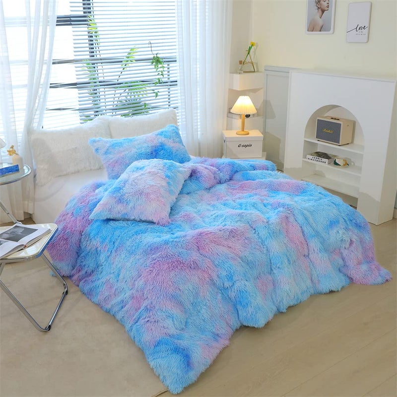 chovy Faux Fur Plush Tie-Dyed Blue Comforter Sets Twin/Full Size - Ultra Soft Shaggy Flannel Velvet Fluffy Fuzzy 3PC Bedding Set (Comforter x 1 Pillowcases x 2) - Image 4