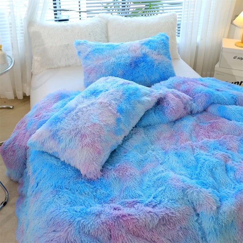 chovy Faux Fur Plush Tie-Dyed Blue Comforter Sets Twin/Full Size - Ultra Soft Shaggy Flannel Velvet Fluffy Fuzzy 3PC Bedding Set (Comforter x 1 Pillowcases x 2) - Image 5