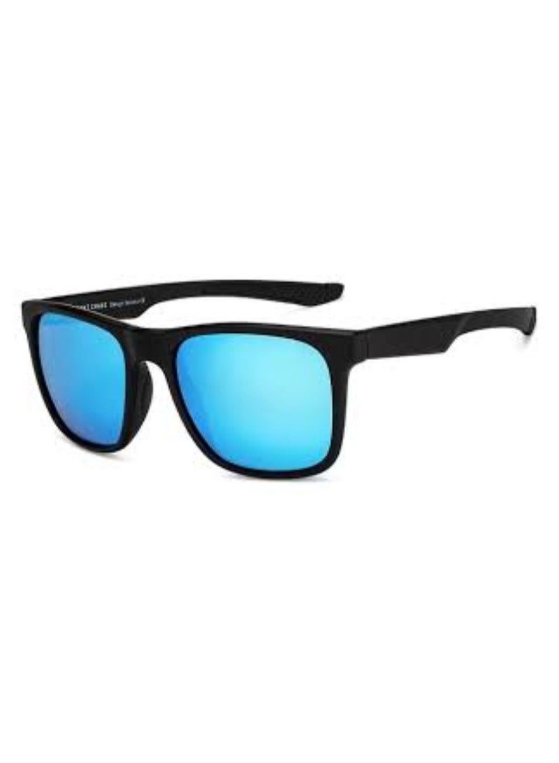 Classic Rectangular Sunglasses with Black Frame and Blue Mirrored Lenses