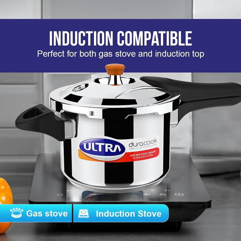 Ultra Duracook Pressure Cooker 3 Litre Aisi 304 Food Grade Stainless Steel Cooker 10 Years Warranty High Impact 3Layer Composite Base Bakelite Handles Keeps Food Warm For Up To 2 Hours - Image 2