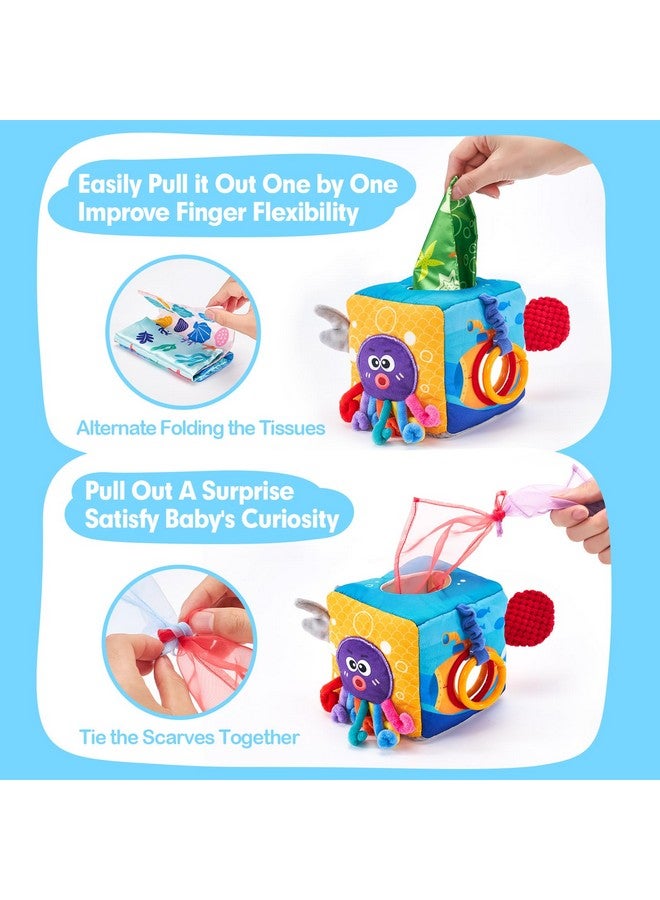 hahaland صندوق مناديل الأطفال هاهالاند - ألعاب أطفال 6-12 شهر ألعاب مونتيسوري للأطفال بعمر 6 أشهر مع ذيول ذات ملمس، مناديل قماشية، أصوات متموجة، أصوات صرير، مرآة - هدايا حرير اللعب وشالات سينسوي للأطفال - Image 3