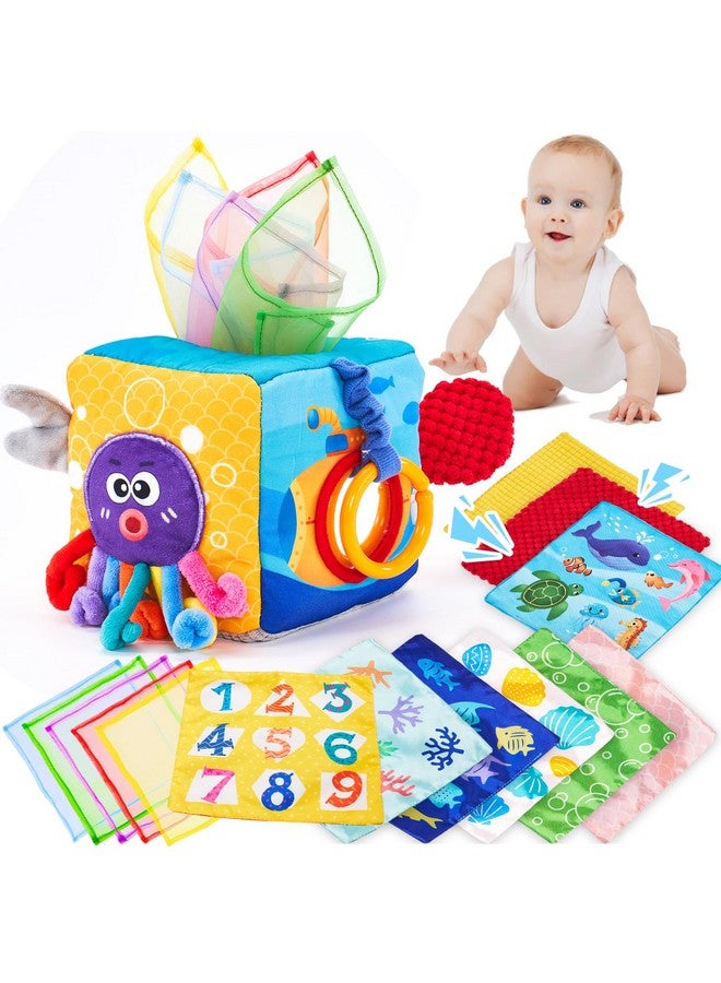 hahaland صندوق مناديل الأطفال هاهالاند - ألعاب أطفال 6-12 شهر ألعاب مونتيسوري للأطفال بعمر 6 أشهر مع ذيول ذات ملمس، مناديل قماشية، أصوات متموجة، أصوات صرير، مرآة - هدايا حرير اللعب وشالات سينسوي للأطفال - Image 1