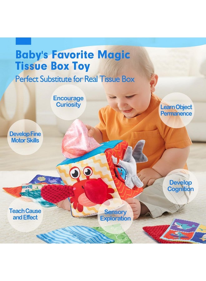 hahaland صندوق مناديل الأطفال هاهالاند - ألعاب أطفال 6-12 شهر ألعاب مونتيسوري للأطفال بعمر 6 أشهر مع ذيول ذات ملمس، مناديل قماشية، أصوات متموجة، أصوات صرير، مرآة - هدايا حرير اللعب وشالات سينسوي للأطفال - Image 2