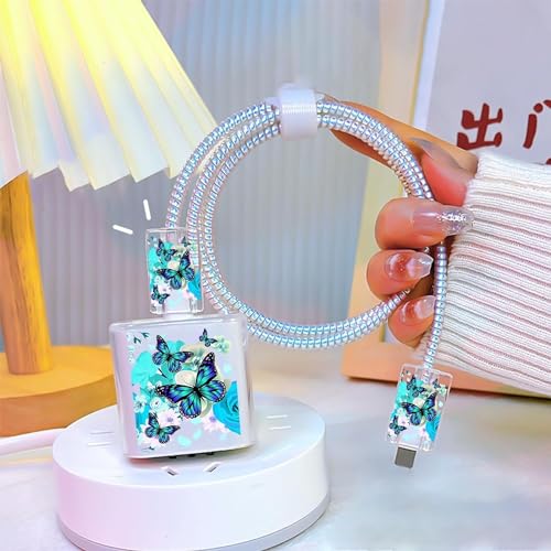 FACTOTECH iPhone Charger Protector Case with Carrying Bag Compatible for Apple 18W 20W iPhone 15 14 13 12 11 Pro Adapter & Lightning Cable Protective Sleeve with Pouch Case-Bright Blue Butterfly - Image 3