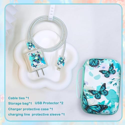 FACTOTECH iPhone Charger Protector Case with Carrying Bag Compatible for Apple 18W 20W iPhone 15 14 13 12 11 Pro Adapter & Lightning Cable Protective Sleeve with Pouch Case-Bright Blue Butterfly - Image 2