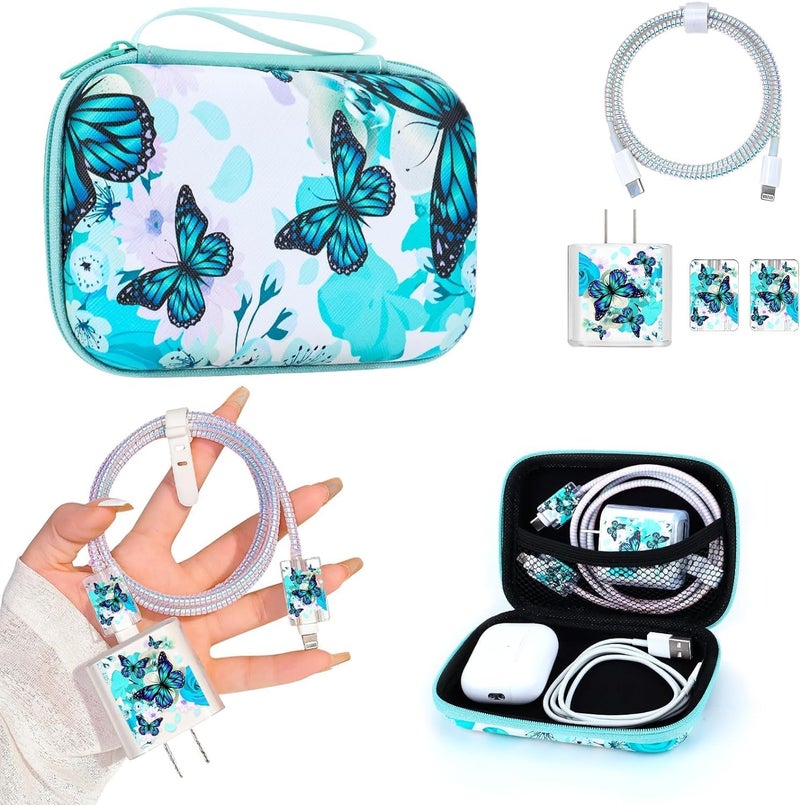 FACTOTECH iPhone Charger Protector Case with Carrying Bag Compatible for Apple 18W 20W iPhone 15 14 13 12 11 Pro Adapter & Lightning Cable Protective Sleeve with Pouch Case-Bright Blue Butterfly - Image 1
