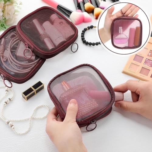 MAYCREATE® 4pcs Mesh Makeup Pouch Small Zipper Cosmetic Bags for Women 4.7'' Square Fashion Lipstick Pouches for Women, Nylon Mini Cash Toiletry Organizer Bag for Daily Accessories - Wine Red - Image 4
