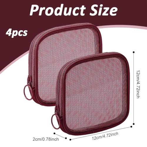 MAYCREATE® 4pcs Mesh Makeup Pouch Small Zipper Cosmetic Bags for Women 4.7'' Square Fashion Lipstick Pouches for Women, Nylon Mini Cash Toiletry Organizer Bag for Daily Accessories - Wine Red - Image 2