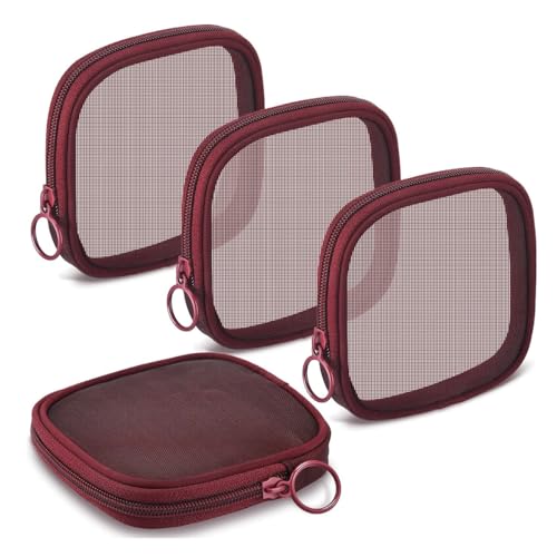 MAYCREATE® 4pcs Mesh Makeup Pouch Small Zipper Cosmetic Bags for Women 4.7'' Square Fashion Lipstick Pouches for Women, Nylon Mini Cash Toiletry Organizer Bag for Daily Accessories - Wine Red - Image 1