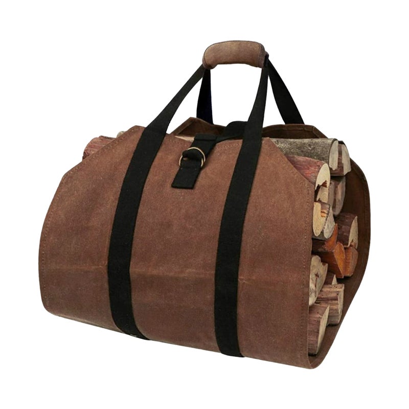 Firewood Carrier Coffee Waxed Canvas Large Capacity - Comfortable Padded Handle Log Tote for Home Fireplace Camping Outdoor Use - Image 1