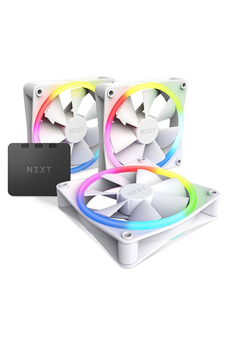 ان زد اكس تي مجموعة F120 RGB Duo ثلاثية من مراوح RGB ثنائية الجوانب، مقاس 120 مم، مزودة بخاصية PWM، مزودة بوحدة تحكم RGB، و20 مصباح LED قابل للتحكم بشكل فردي لكل مروحة، ومحمل ديناميكي مائع، ومخمدات مطاطية منخفضة الضوضاء، وتحكم برمجي CAM، لون أبيض | RF-D12TF-W1 - Image 1