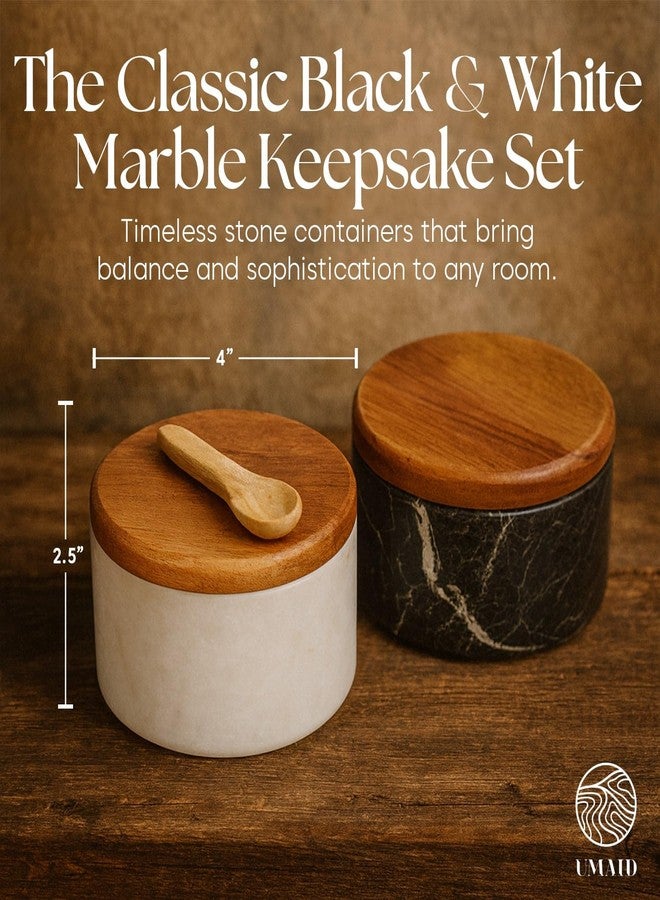 UMAID Marble Salt Cellar Set of 2 with Lids and Spoons - Bianco White & Graphite Grey Natural Marble Salt Containers, Flaky Salt Holder, Pinch Pot, and Spice Dish for Kitchen Countertop - Image 2