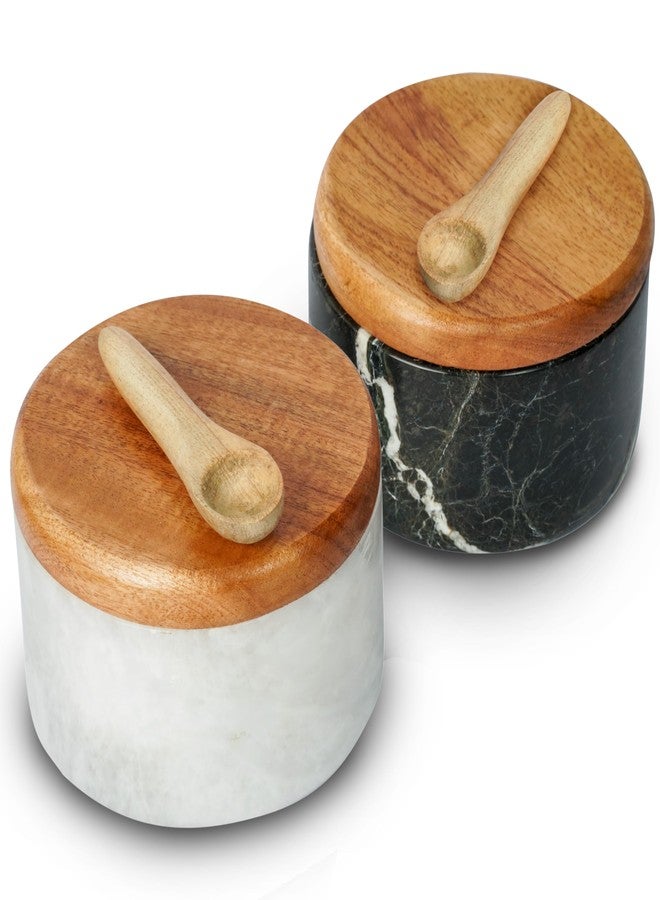 UMAID Marble Salt Cellar Set of 2 with Lids and Spoons - Bianco White & Graphite Grey Natural Marble Salt Containers, Flaky Salt Holder, Pinch Pot, and Spice Dish for Kitchen Countertop - Image 1