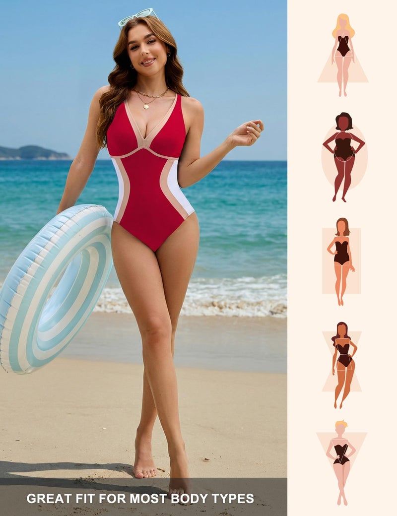 BMJL Bathing Suit for Women One Piece Tummy Control Swimsuit V Neck Color Block Shapewear 2025(L,Red) - Image 5