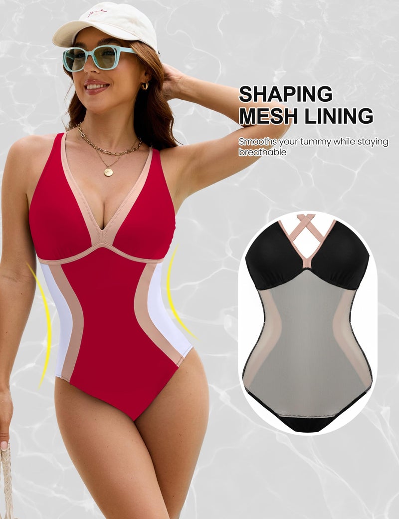BMJL Bathing Suit for Women One Piece Tummy Control Swimsuit V Neck Color Block Shapewear 2025(L,Red) - Image 4